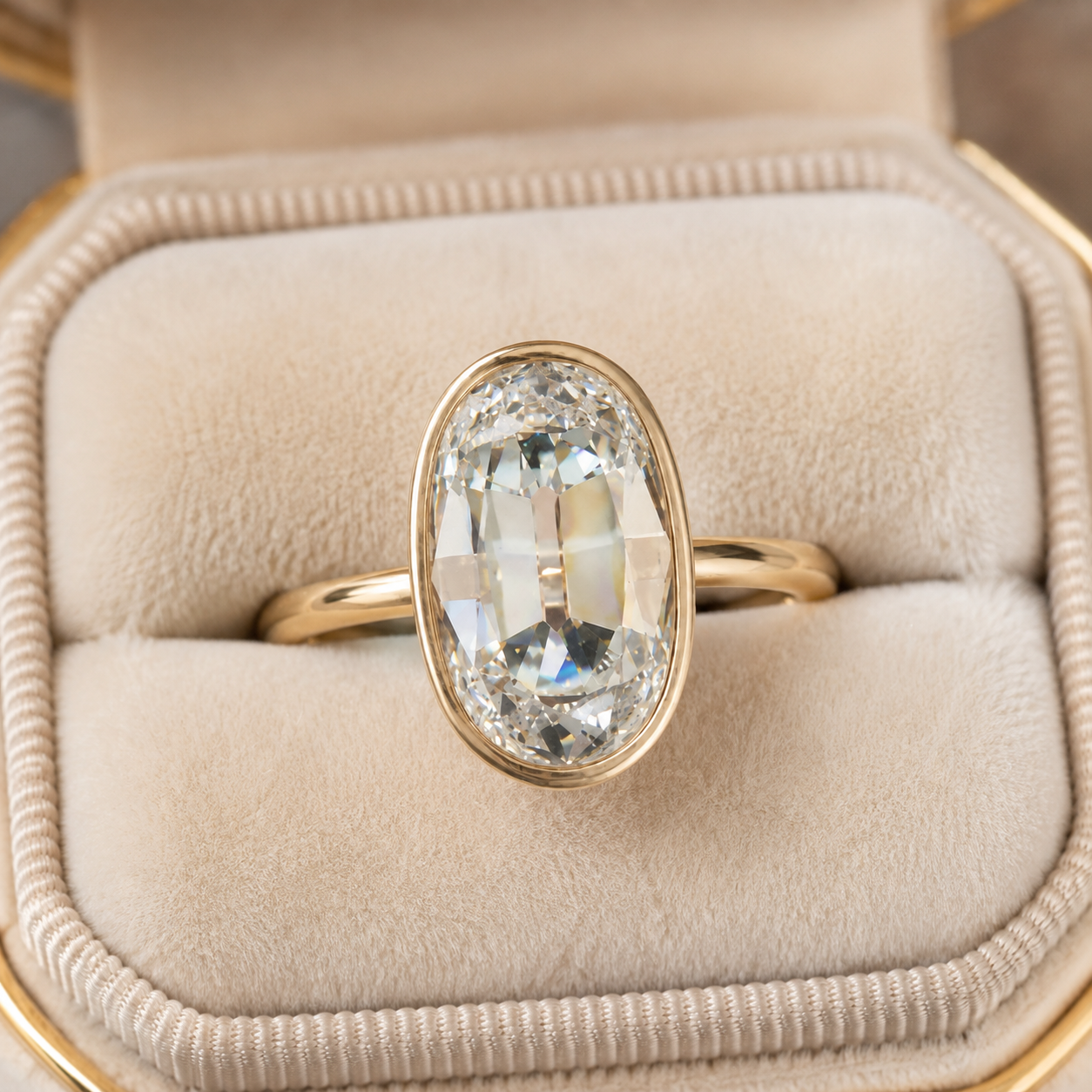 Oval Lab Grown Diamond Engagement Ring Bezel Solitaire 14K Yellow Gold E Color