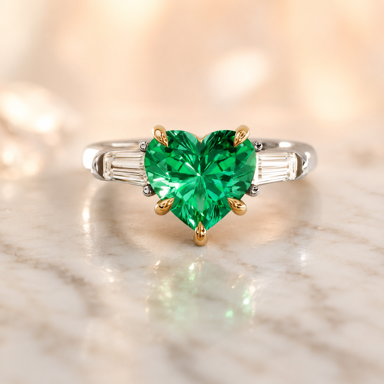 Heart Lab Grown Emerald Engagement Ring Three Stone Baguette 14K Two-Tone Gold – 2 Carat IGI