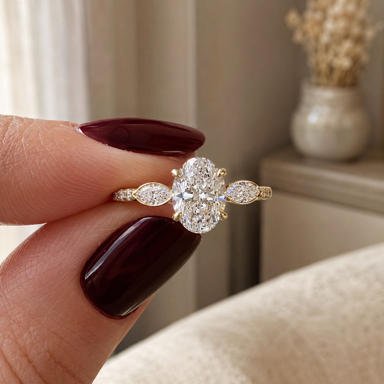 Oval Lab Grown Diamond Engagement Ring  Marquise Side Stone Pavé 14K Yellow Gold IGI Certified 2ct