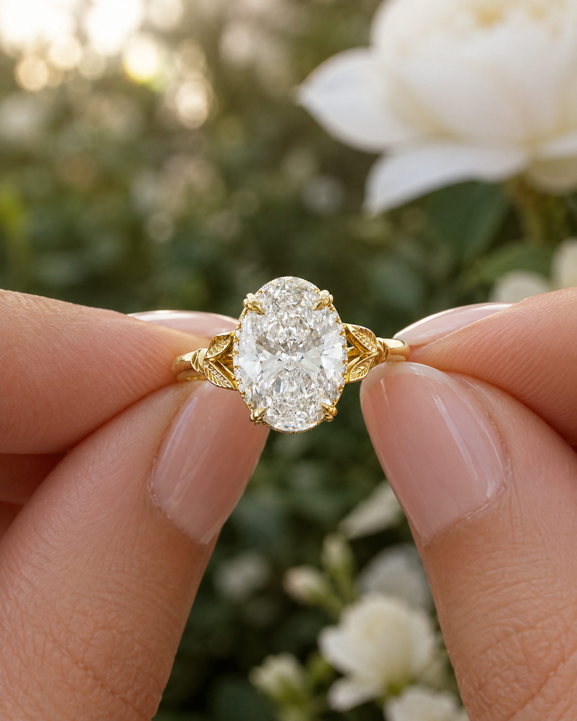 Oval Lab Grown Diamond Engagement Ring – Nature-Inspired Hidden Halo 18K Yellow Gold – 2.5 Carat