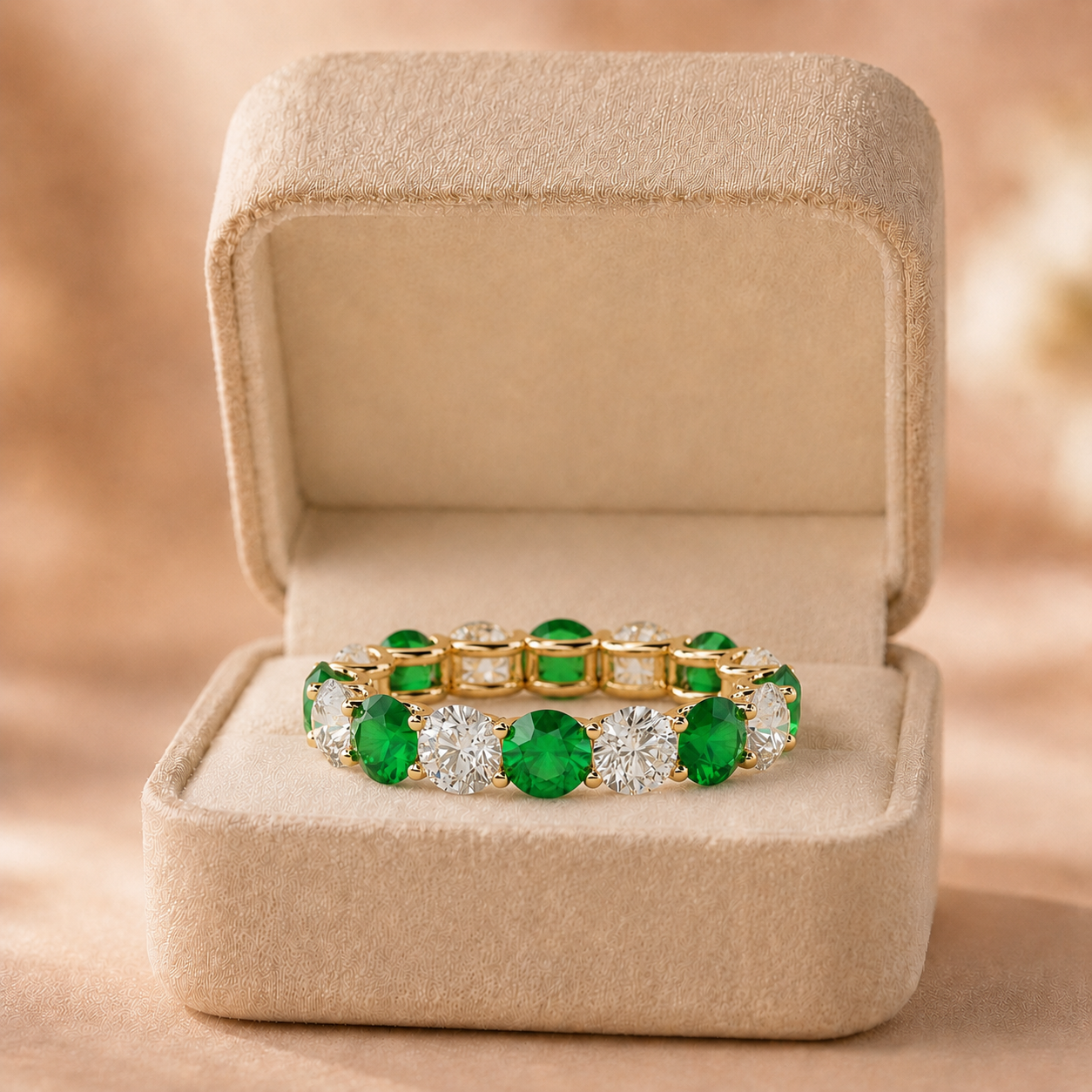 4ct Round Lab Grown Diamond & Emerald Eternity Band – 14K Gold, IGI Certified