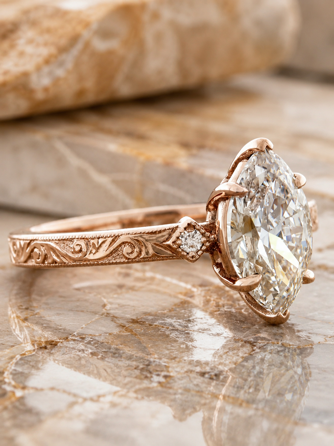Marquise Lab Grown Diamond Engagement Ring Vintage Engraved Solitaire 14K Rose Gold E VVS2