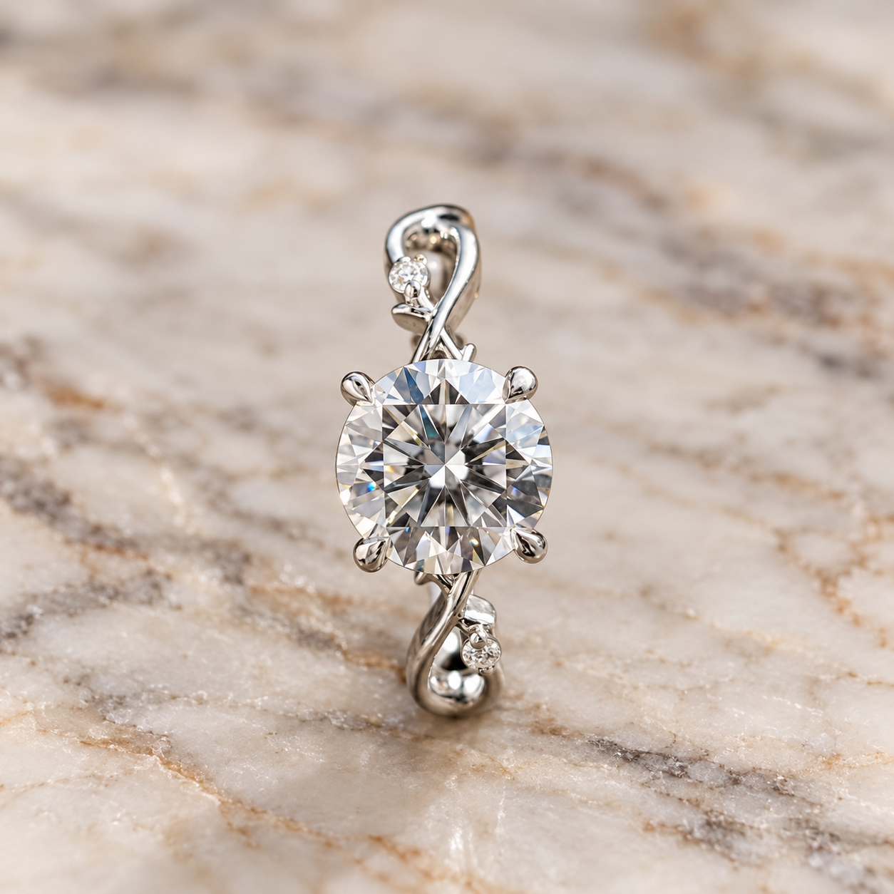 Round Engagement Ring Twisted Vine Shank 14K White Gold Colorless VVS2