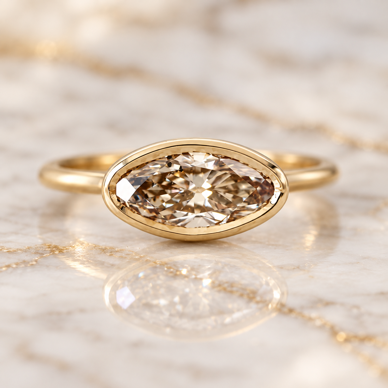 Champagne Moval Diamond Engagement Ring Bezel Set 14K Yellow Gold East West Moval