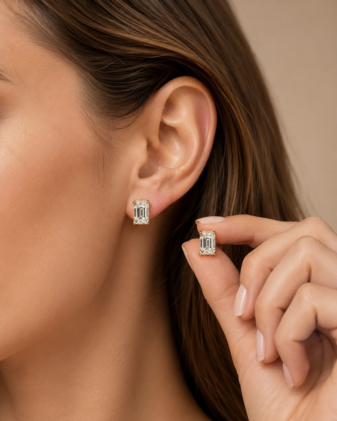 Emerald Cut Lab Grown Diamond Stud Earrings Four-Prong Solitaire 14K Yellow Gold  IGI Certified 10ct