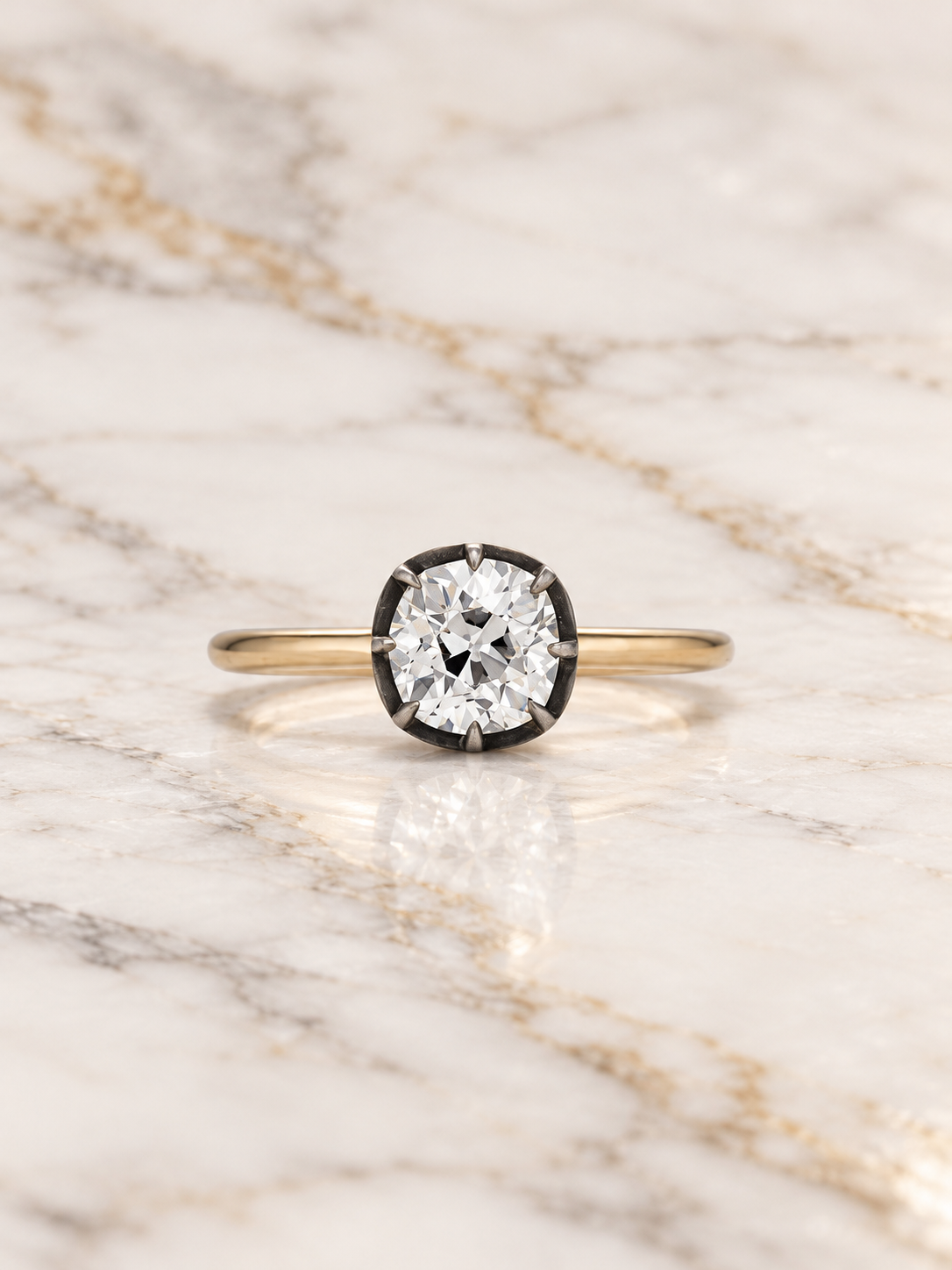 Old Mine Cushion Cut Diamond Engagement Ring Blackened Bezel 18K Yellow Gold IGI Certified
