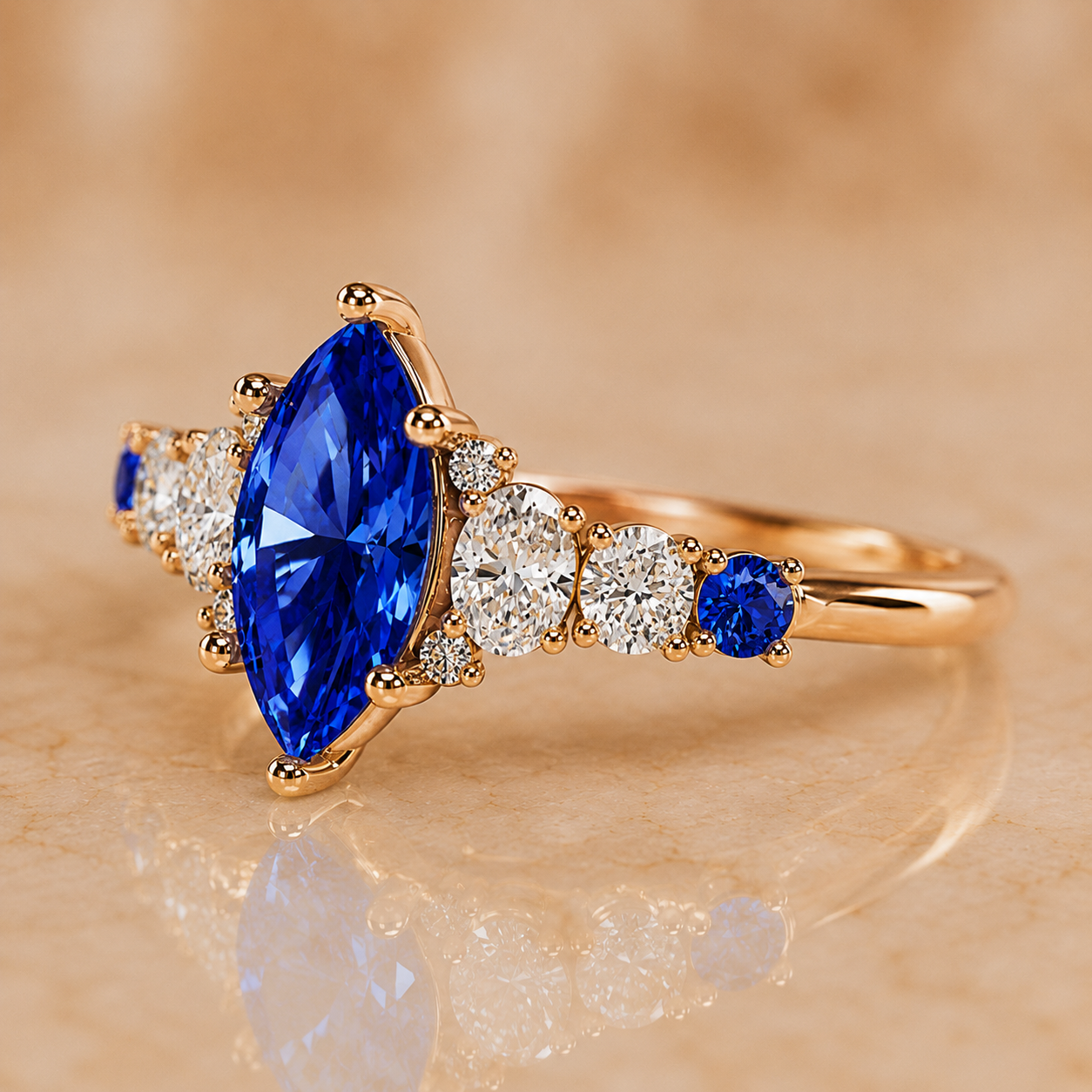 Marquise Lab Grown Blue Sapphire Engagement Ring Diamond Accent Band 14K Yellow Gold IGI Certified