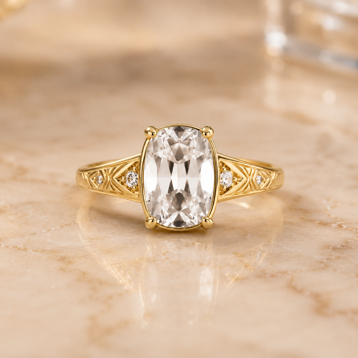 Cushion Lab Grown Diamond Vintage Engagement Ring Side Stone 14K Yellow Gold IGI Certified 2 Carat