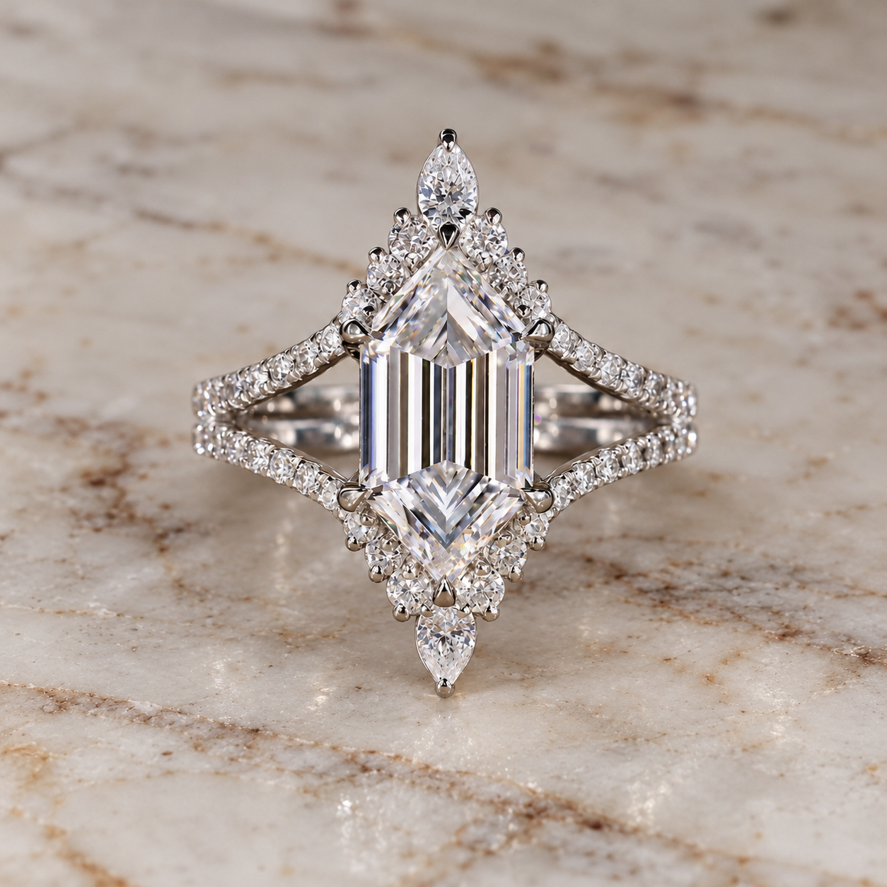 Elongated Hexagon Lab Grown Diamond Engagement Ring Split Shank 14K White Gold IGI Certified