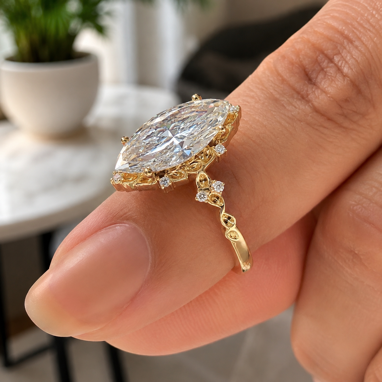Marquise Lab Grown Diamond Engagement Ring Vintage Scroll 14K Yellow Gold Cluster Accents E