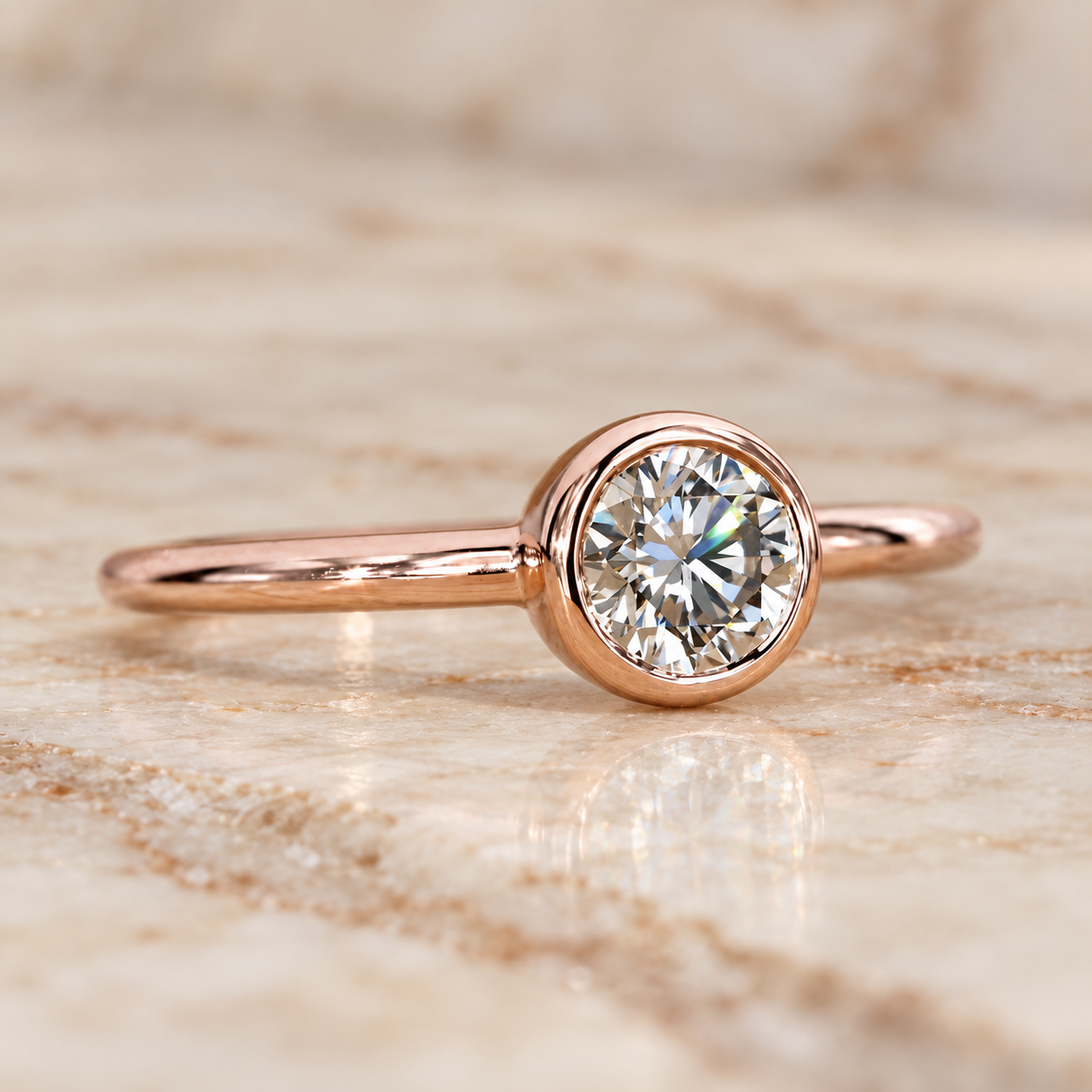 Round Lab Grown Diamond Engagement Ring Bezel Solitaire 14K Rose Gold IGI Certified E VVS2