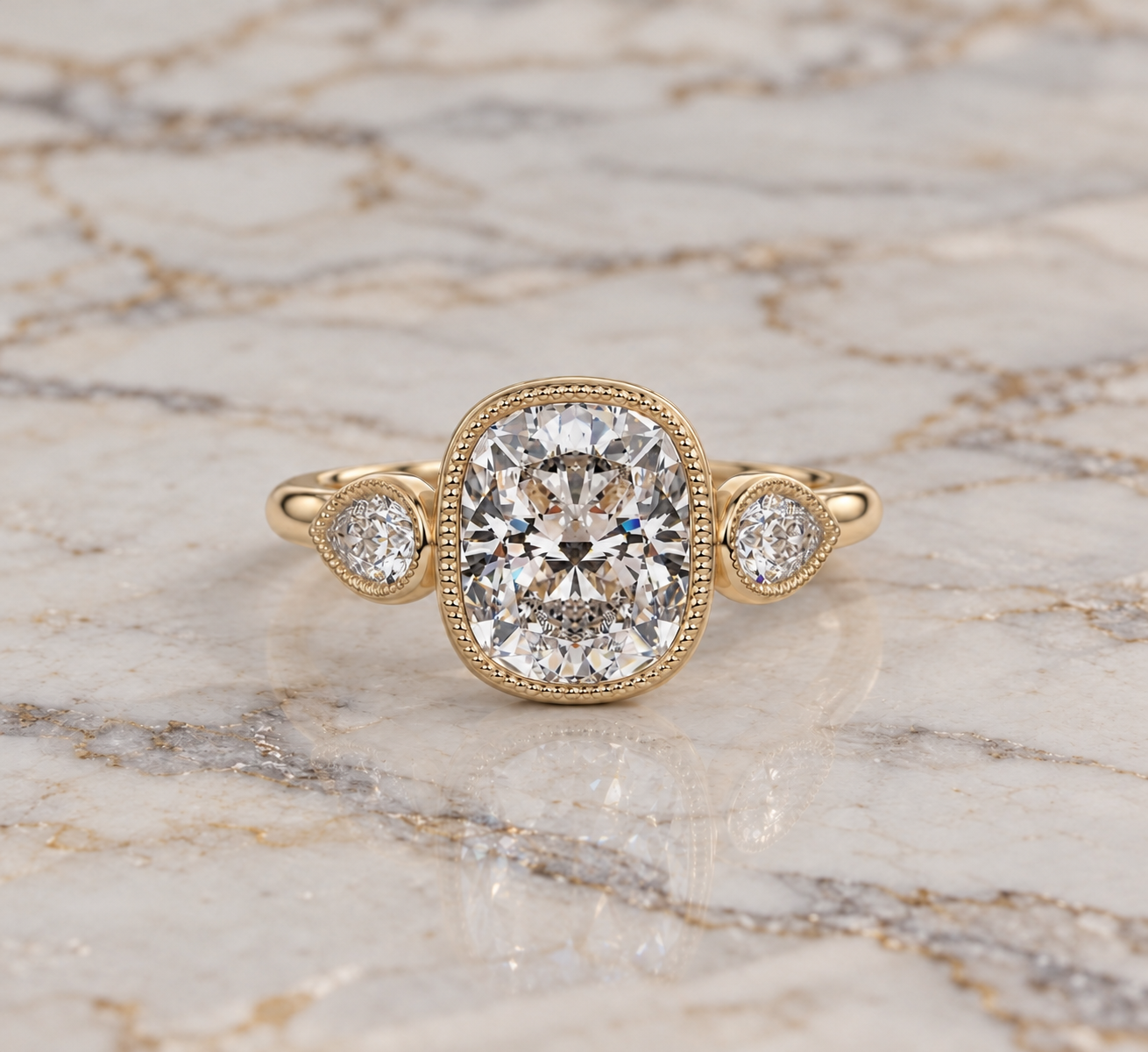 Cushion Lab Grown Diamond Engagement Ring Three Stone Pear Accent 14K Rose Gold Bezel Milgrain Setting