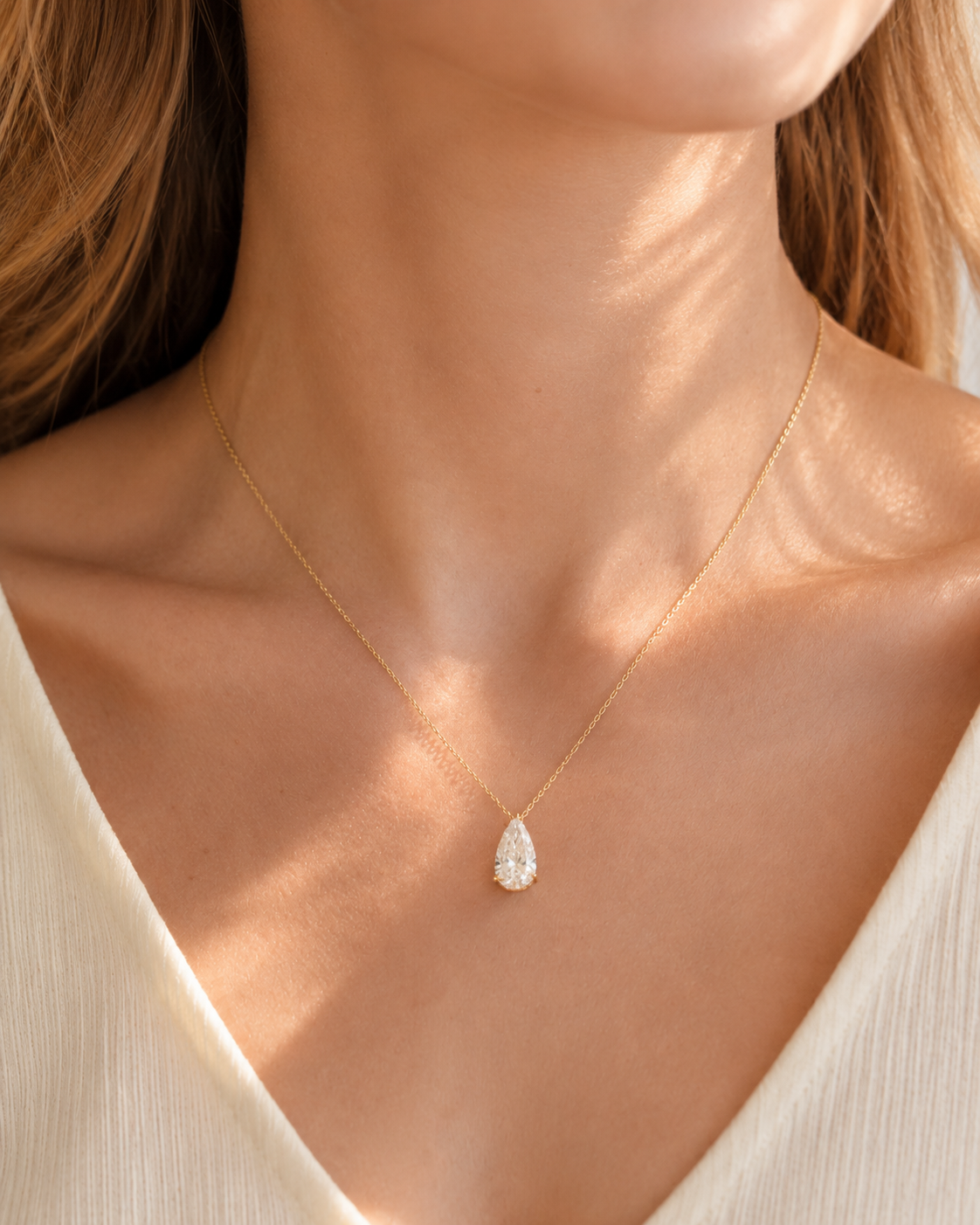Pear Shape Lab Grown Diamond Solitaire Pendant Necklace in 14K Yellow Gold