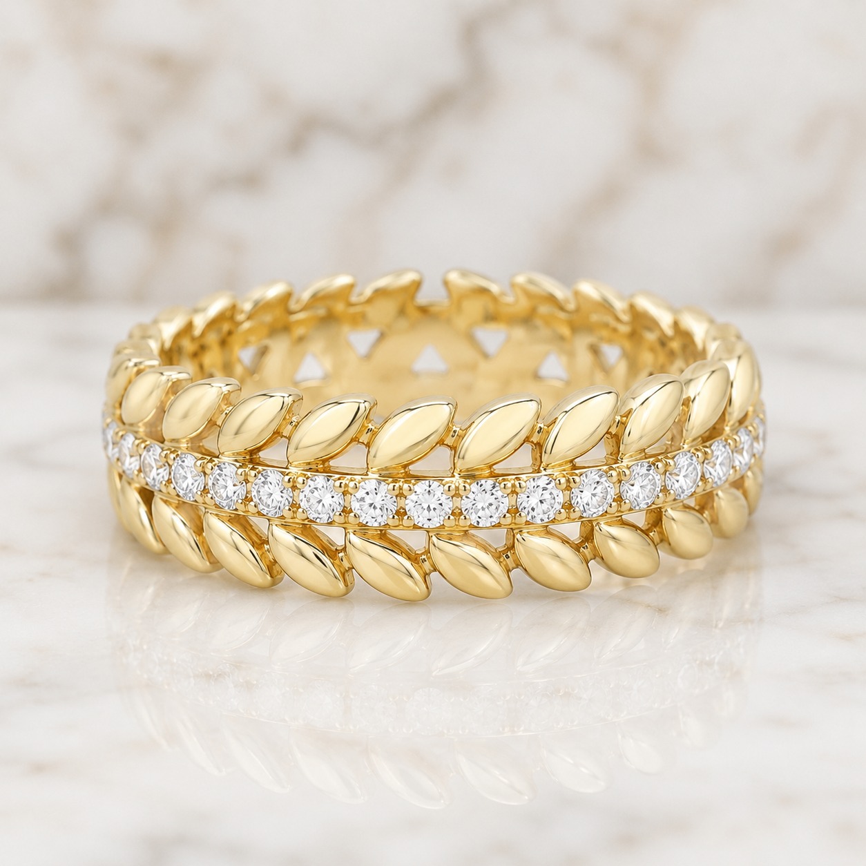 Round Lab Grown Diamond Wreath Ring Pavé Laurel 14K Yellow Gold Statement Band