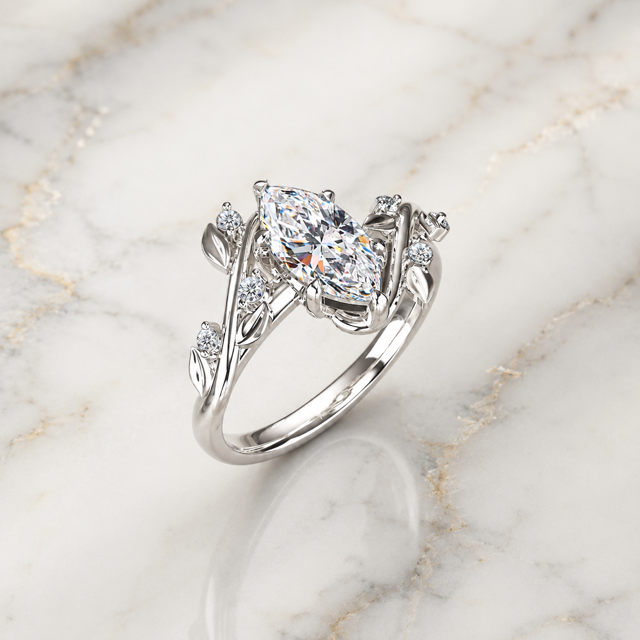 Marquise Lab Grown Diamond Engagement Ring Leaf Vine 14K White Gold IGI Certified 1 Carat
