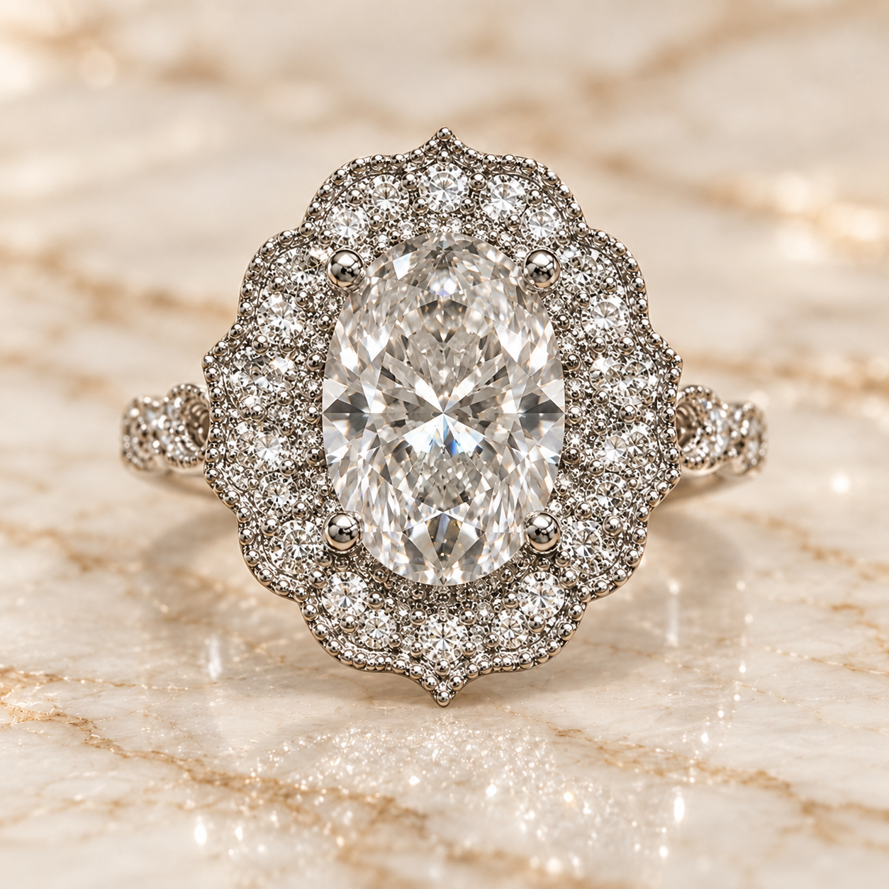 Oval Lab Grown Diamond Engagement Ring Vintage Floral Double Halo 14K White Gold Milgrain E VVS2