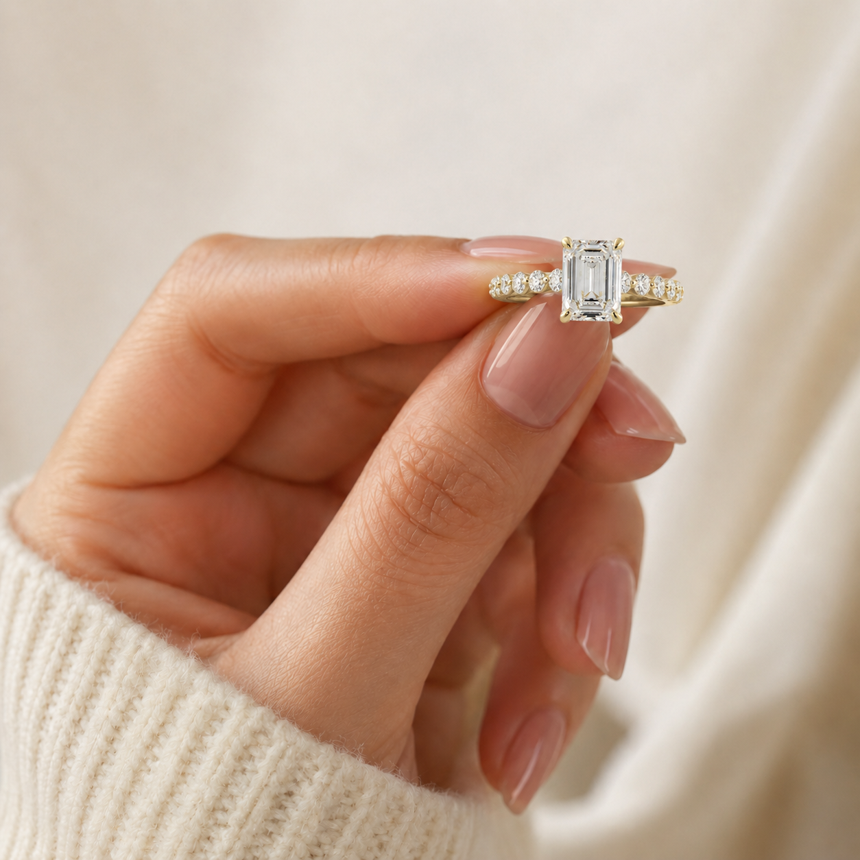 Emerald Cut Lab Grown Diamond Engagement Ring Solitaire 14K Yellow Gold Shared Prong Diamond Shank