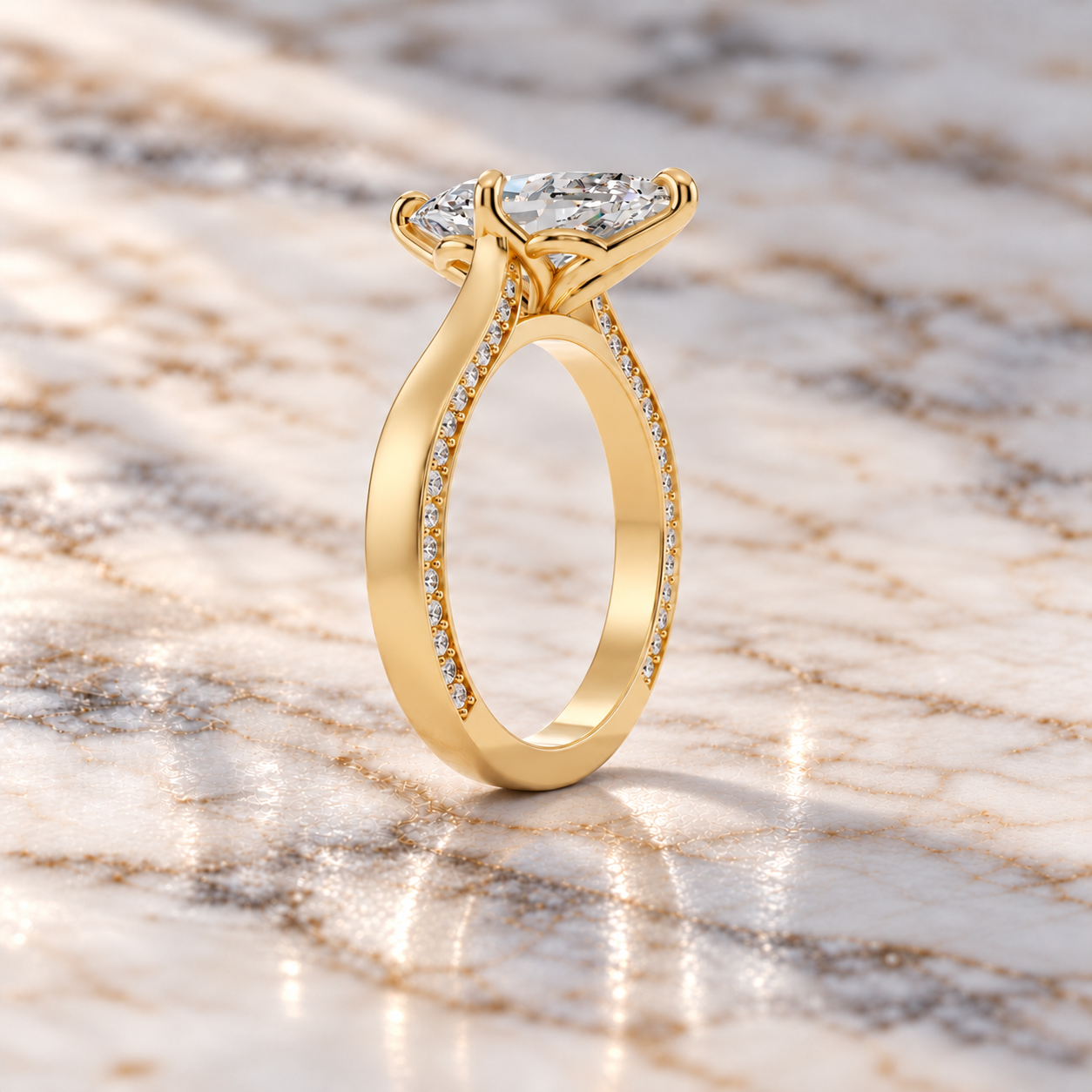 Dutch Marquise Lab Grown Diamond Engagement Ring Solitaire 14K Yellow Gold IGI Certified Pave Hidden Detail