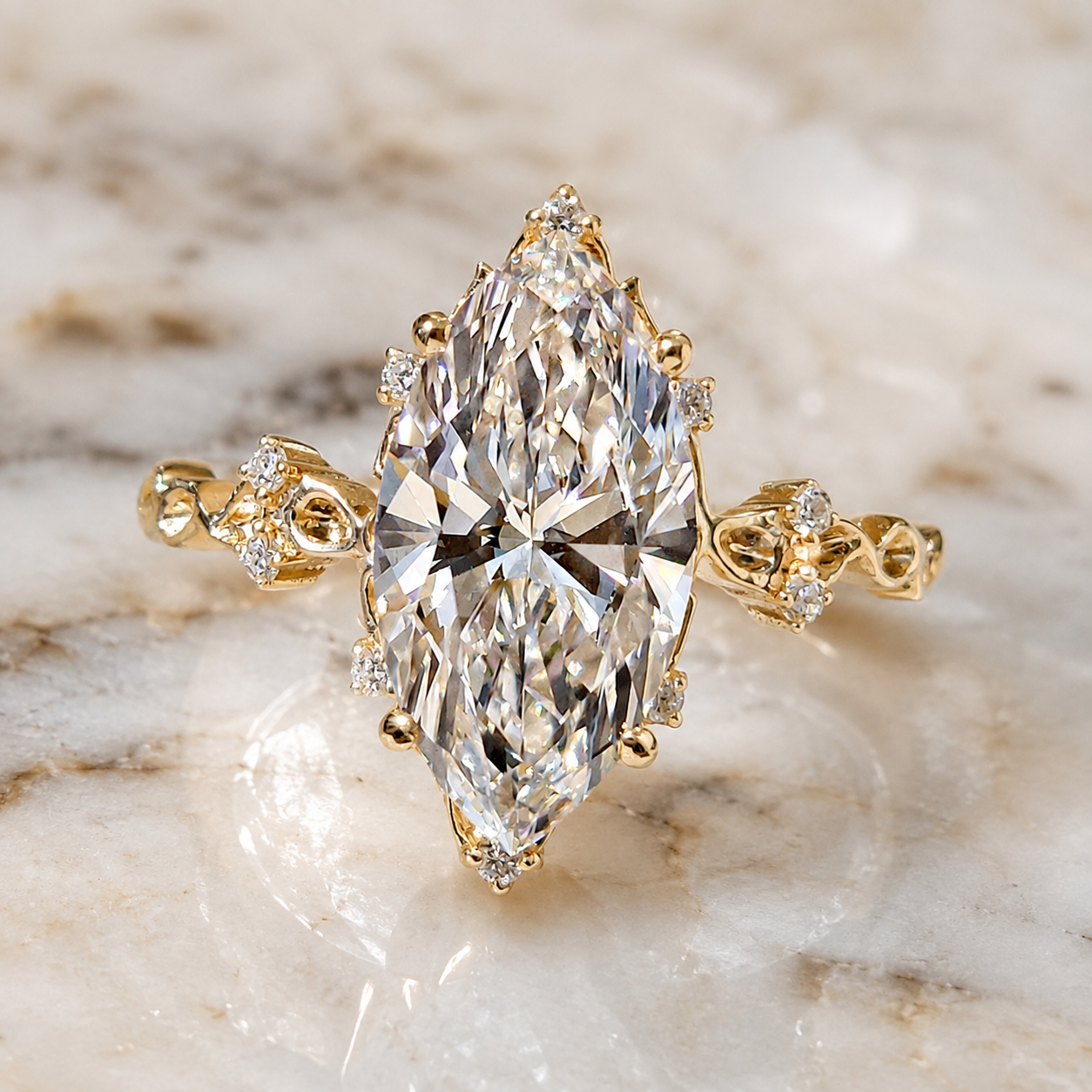 Marquise Lab Grown Diamond Engagement Ring Vintage Scroll 14K Yellow Gold Cluster Accents E