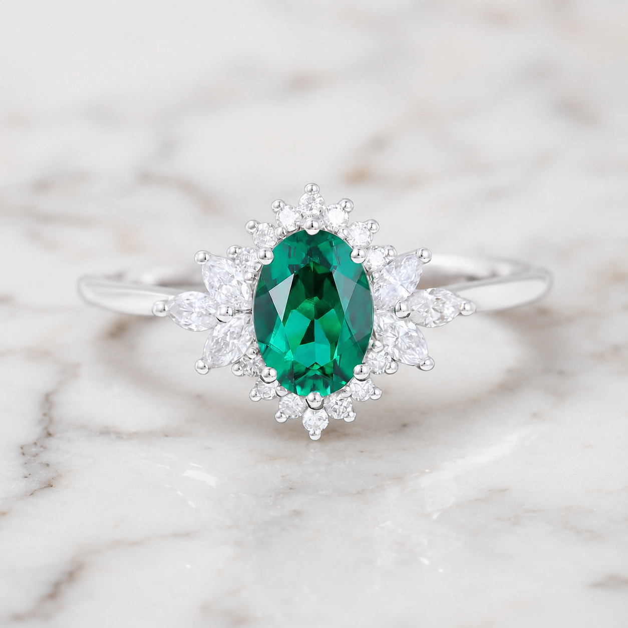 Oval Emerald Lab Grown Diamond Engagement Ring Halo 14K Gold Green Gemstone Bridal Ring
