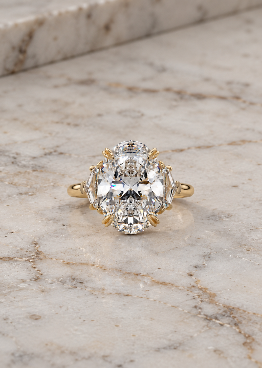 Oval Lab Grown Diamond Engagement Ring Three Stone Cadillac 14K Yellow Gold IGI Certified