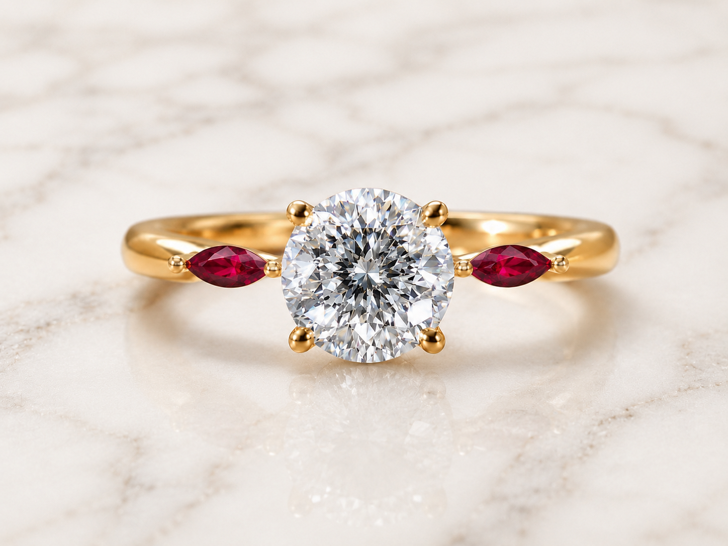 Portuguese Lab Grown Diamond Engagement Ring Three Stone Solitaire 14K Yellow Gold Marquise Ruby Accents