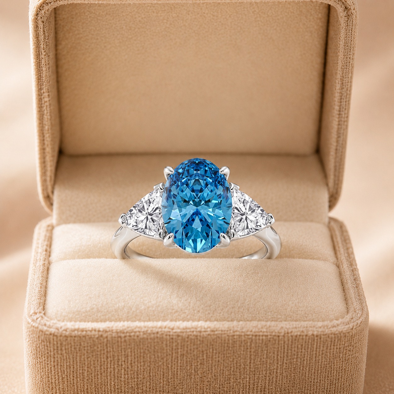 3 Ct Fancy Blue Oval Lab Grown Diamond Three-Stone Ring – 14K White Gold