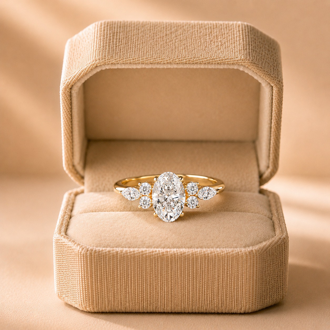 Oval Lab Grown Diamond Engagement Ring – Cluster 14K Yellow Gold – 0.90 ctw E VVS2