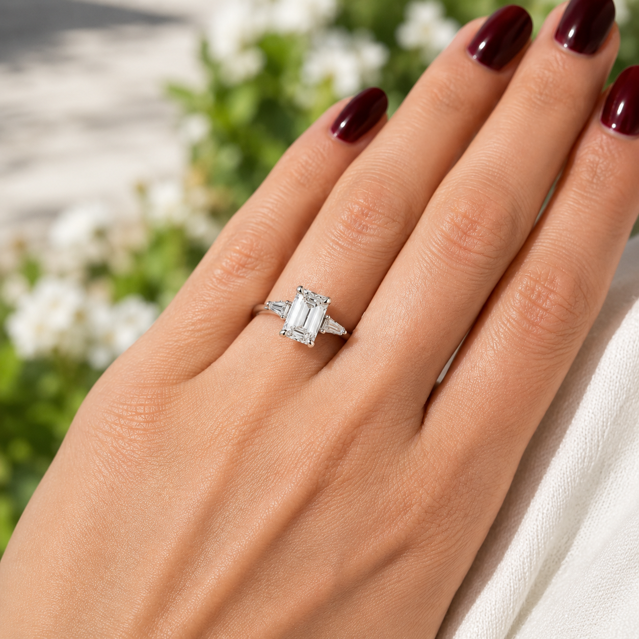 Emerald Cut Lab Grown Diamond Engagement Ring Three Stone 14K White Gold Tapered Baguette,  E VVS2