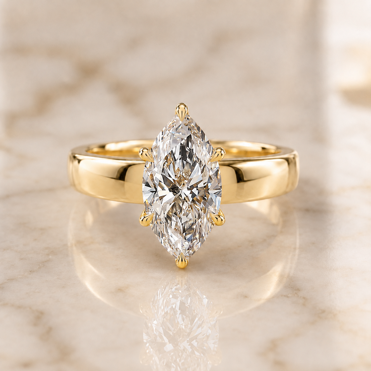 Marquise Lab Grown Diamond Engagement Ring Solitaire 14K Yellow Gold 4mm Wide Band, IGI Certified