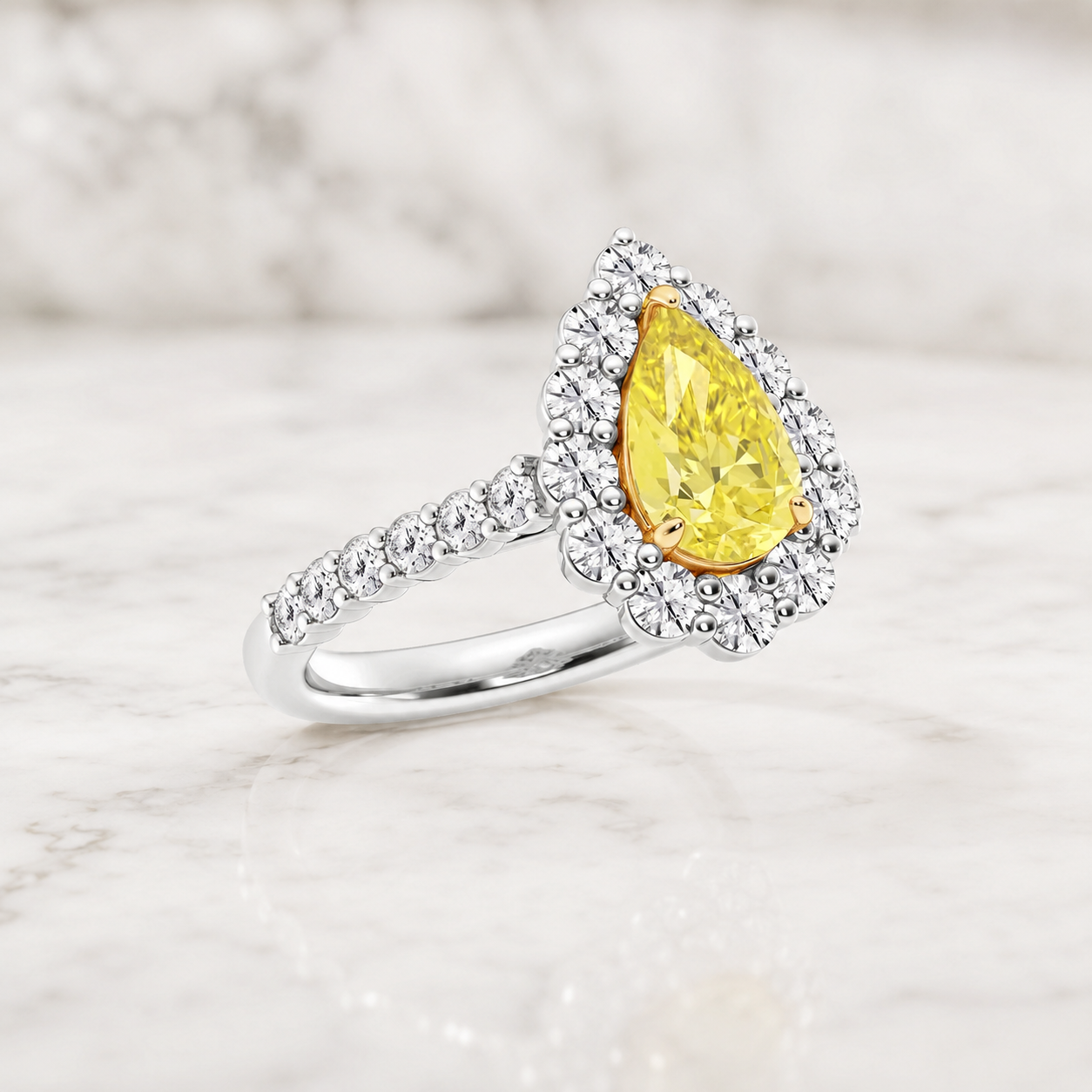 Yellow Pear Lab Grown Diamond Engagement Ring Halo 14K Two-Tone Gold Pavé Shank, 1.95ctw