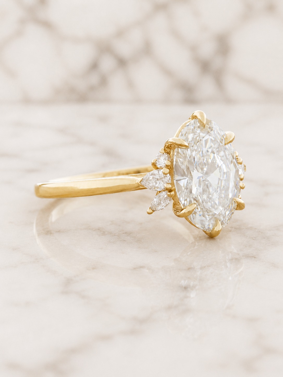 Oval Lab Grown Diamond Engagement Ring Cluster Pear Accent 14K Yellow Gold IGI Certified E VVS2