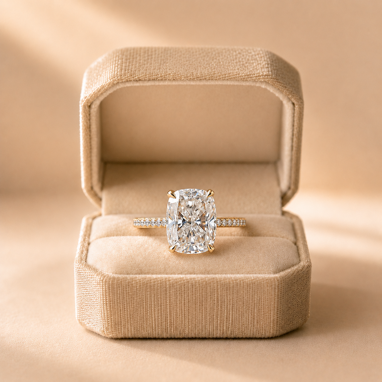 Cushion Cut Lab Grown Diamond Engagement Ring Hidden Halo 14K Yellow Gold IGI Certified 1 Carat