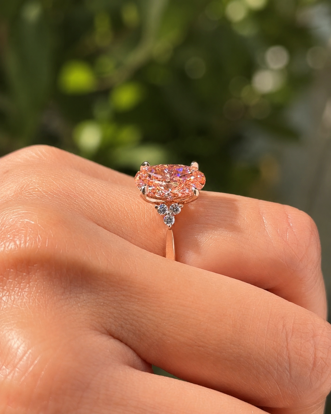 Pink Oval Lab Grown Diamond Engagement Ring Accent Cluster 14K Rose Gold IGI Certified 3.46 Carat