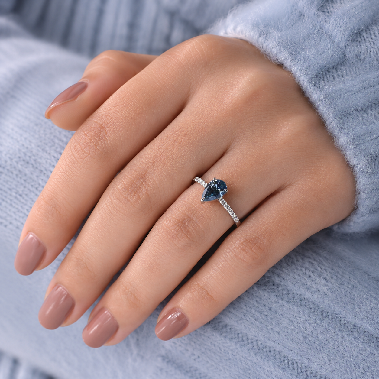 Fancy Blue Pear Lab Grown Diamond Engagement Ring Pavé 14K White Gold  IGI Certified 1.02 Carat