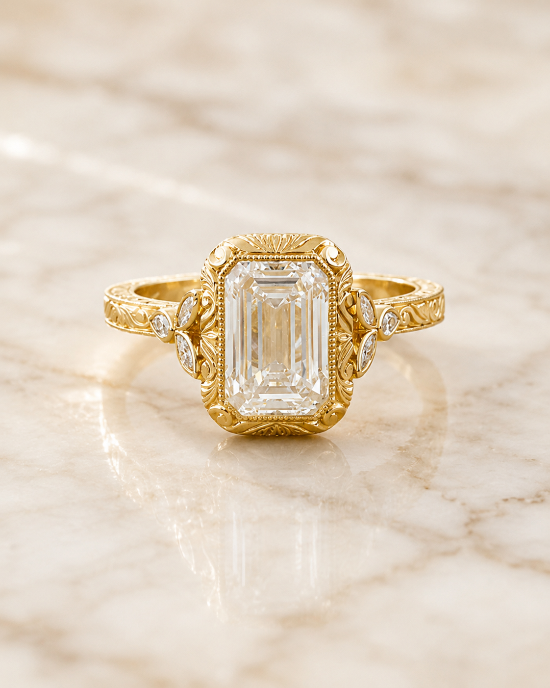 Emerald Cut Lab Grown Diamond Engagement Ring – Vintage Bezel 14K Yellow Gold – 2ct E VVS2