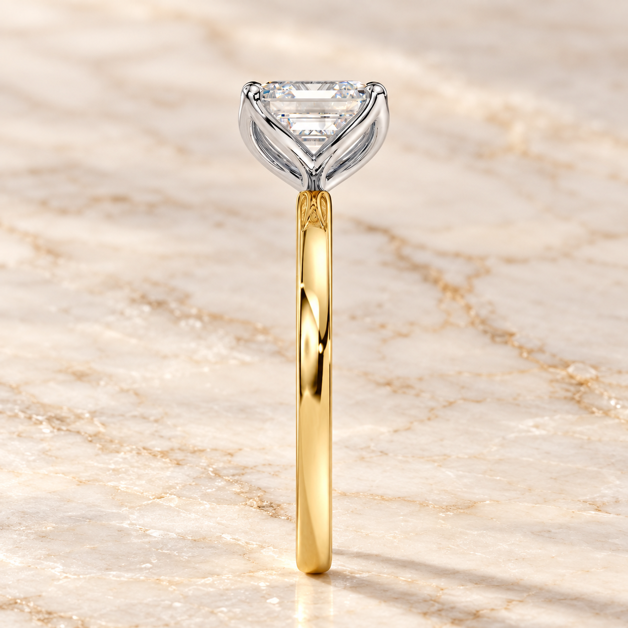 Asscher Lab Grown Diamond Engagement Ring Solitaire Two-Tone 14K Yellow Gold Tulip Prong Setting
