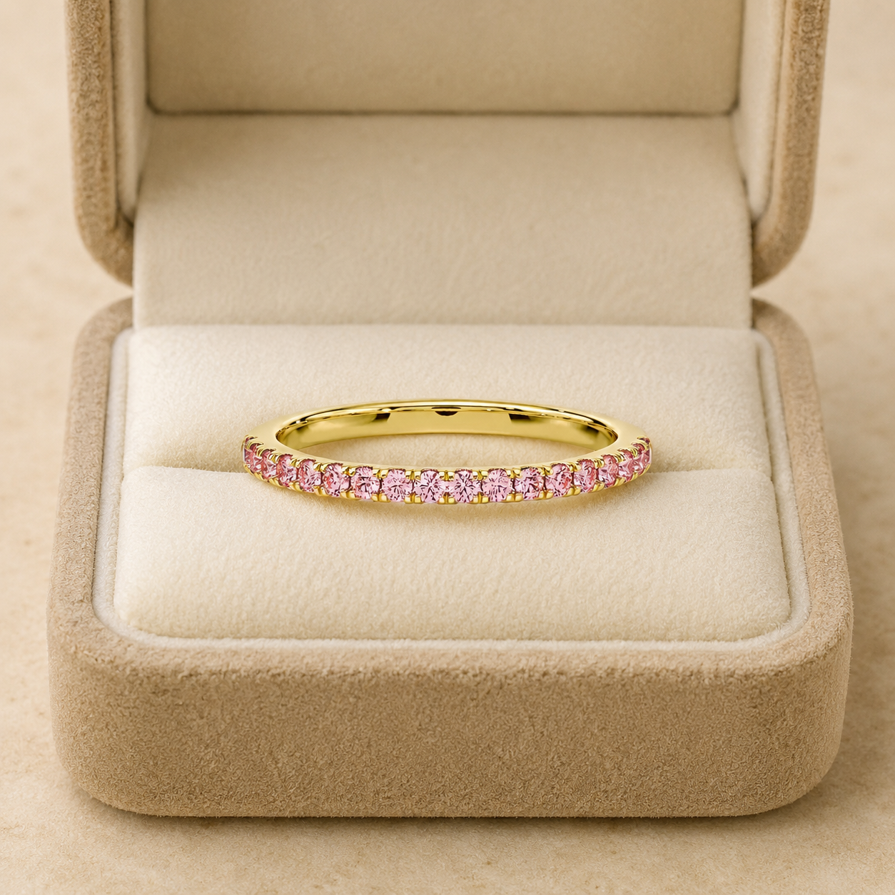Pink Round Lab Grown Diamond Wedding Band Pave 14K Yellow Gold Stackable Ring for Her