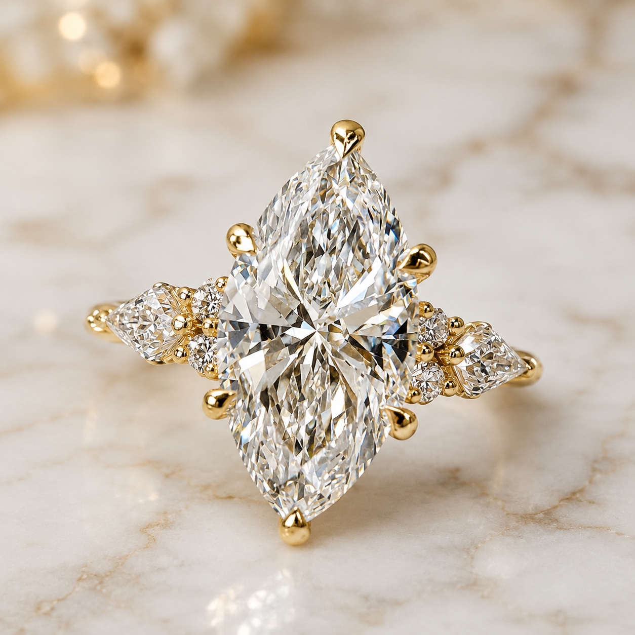 Marquise Lab Grown Diamond Engagement Ring Cluster Kite & Round Accents 14K Yellow Gold Artistic Halo Setting