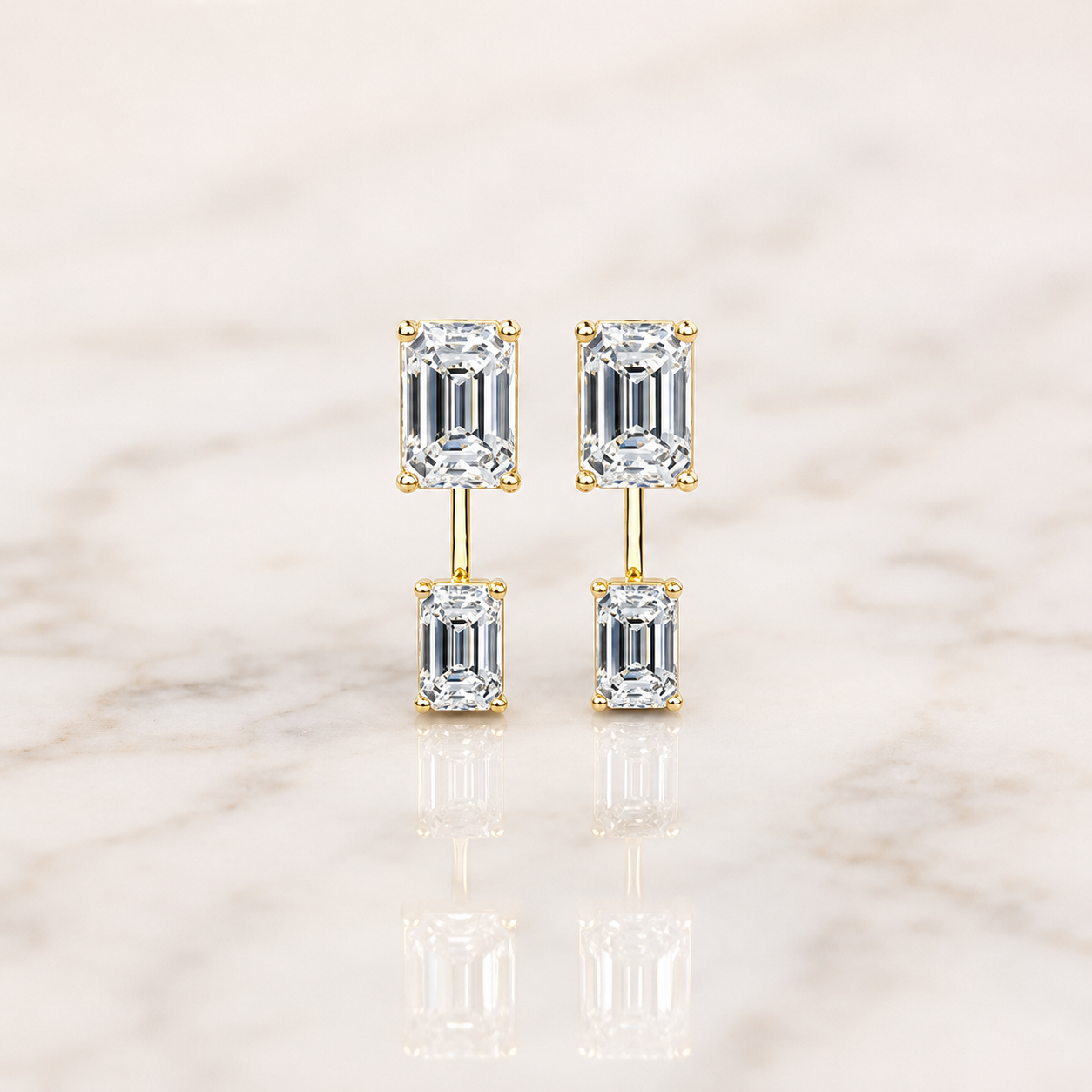 Emerald Cut Lab Grown Diamond Stud Earrings Detachable Ear Jacket 14K Gold 3ct E VVS2 IGI Certified