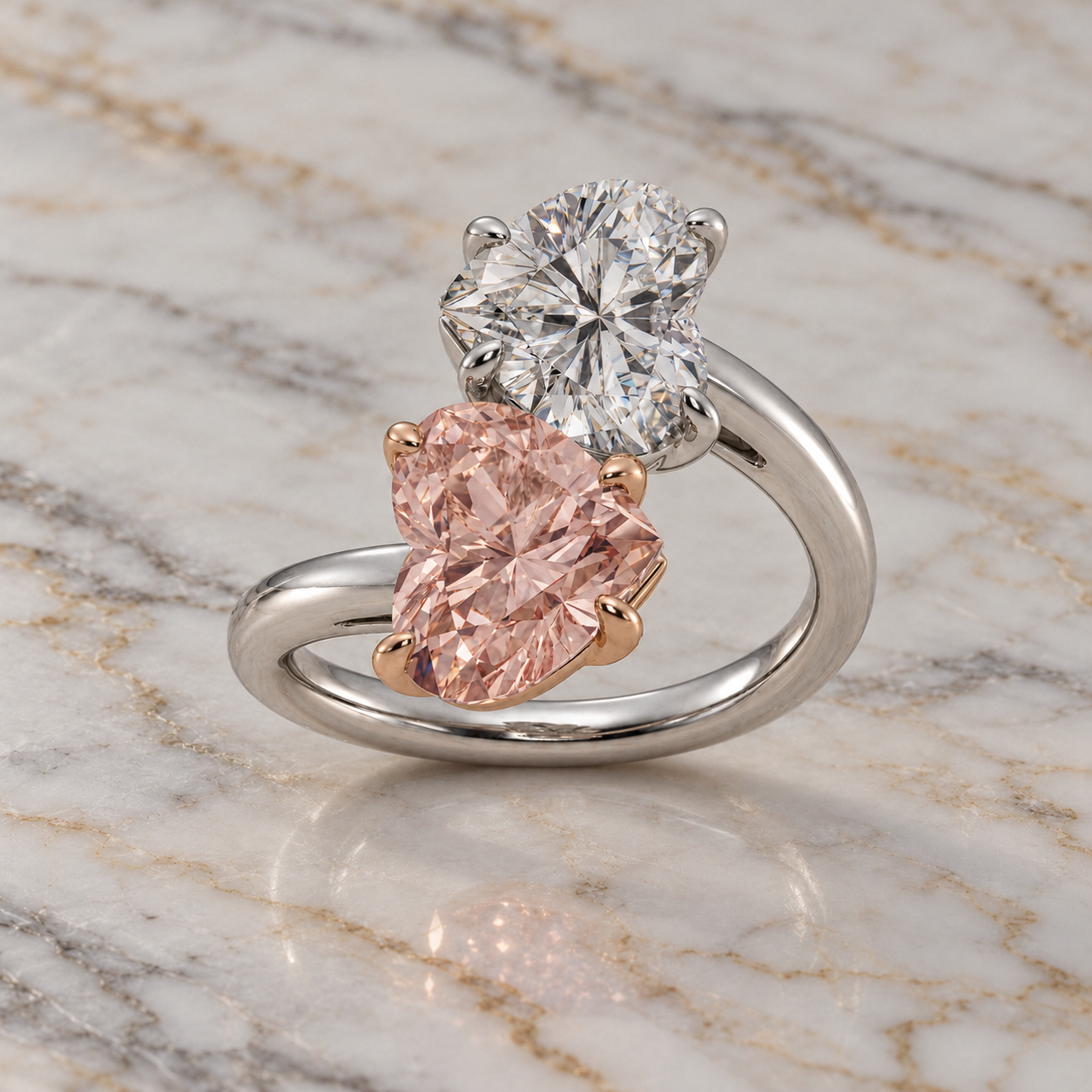 Toi et Moi Lab Grown Diamond Engagement Ring Fancy Pink & White Heart Bypass 14K Two Tone Gold IGI Certified