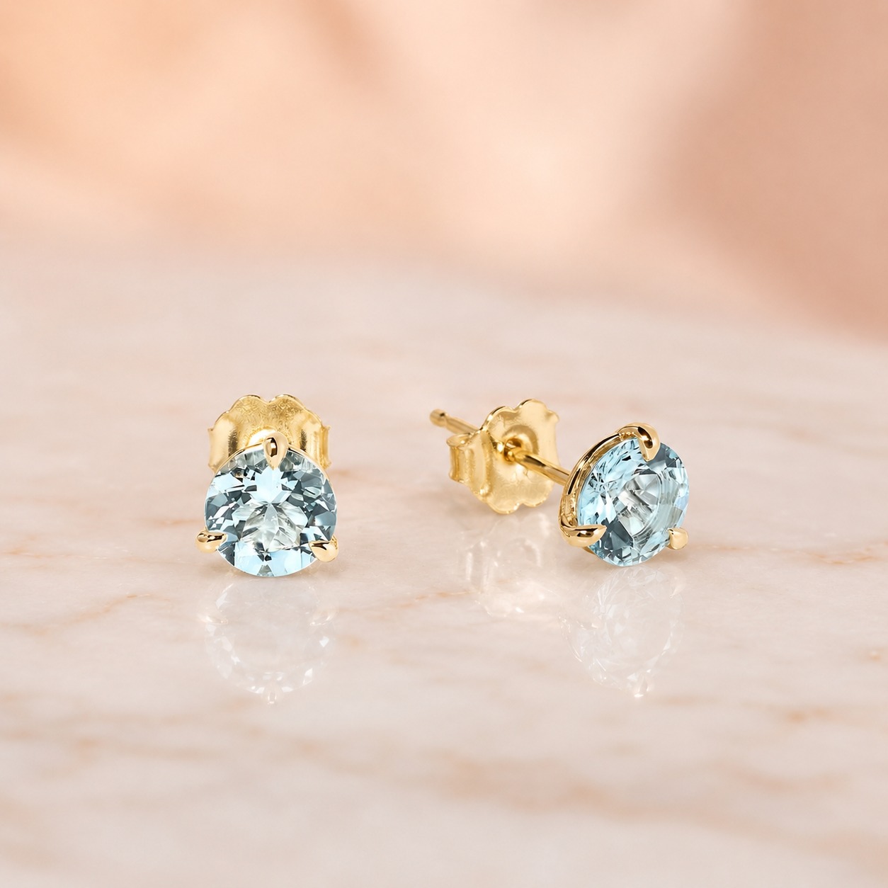 1.33 Cttw Round Aquamarine Stud Earrings in 14K Yellow Gold