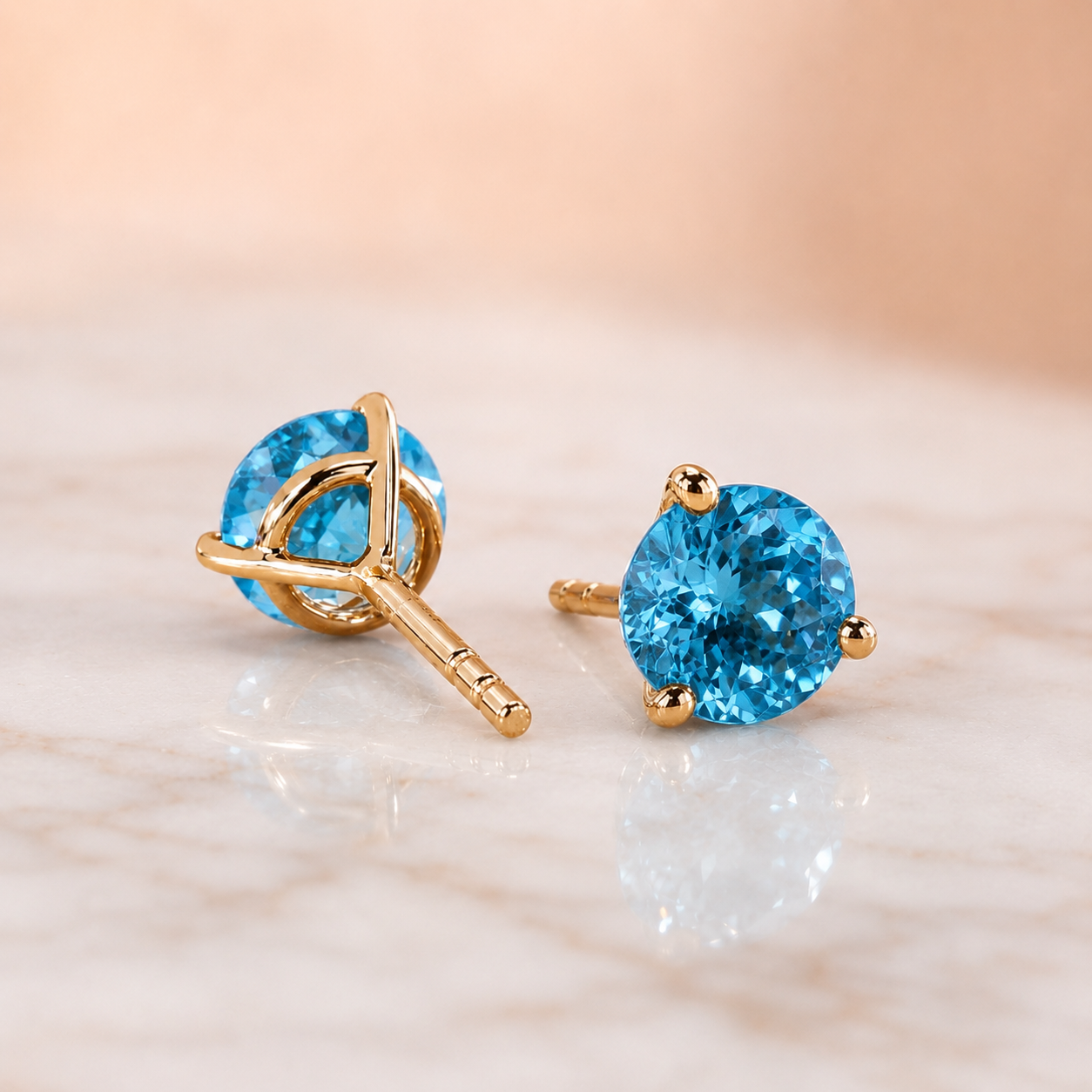 Round Blue Topaz Stud Earrings Solitaire Prong 14K Yellow Gold 1.93 cttw Push Back