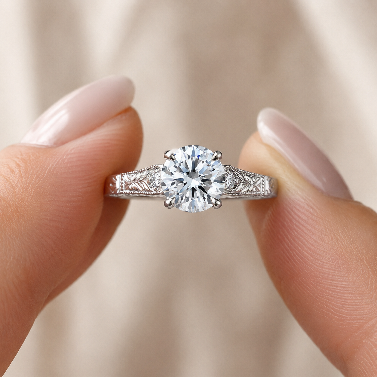 Round Lab Grown Diamond Engagement Ring Vintage Solitaire 14K White Gold Hand-Engraved Accent Setting