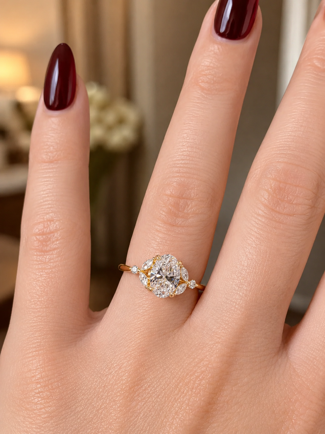 Oval Lab Grown Diamond Engagement Ring  Floral Cluster 14K Yellow Gold IGI Certified 1.54 Carat E VVS2