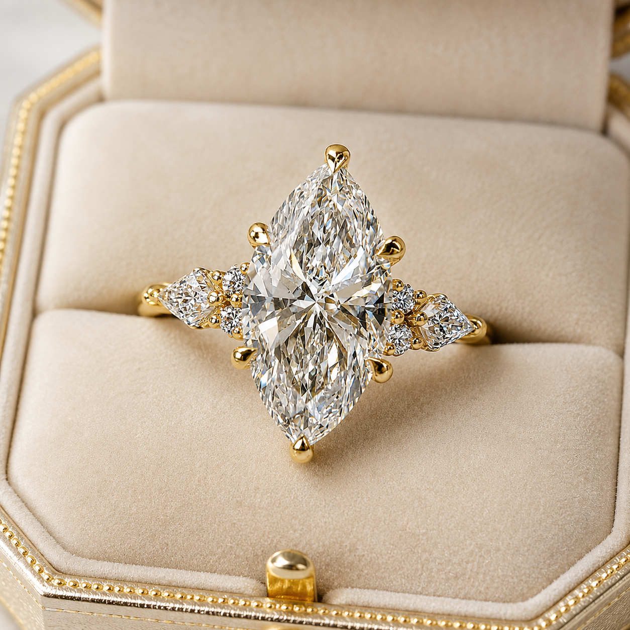 Marquise Lab Grown Diamond Engagement Ring Cluster Kite & Round Accents 14K Yellow Gold Artistic Halo Setting