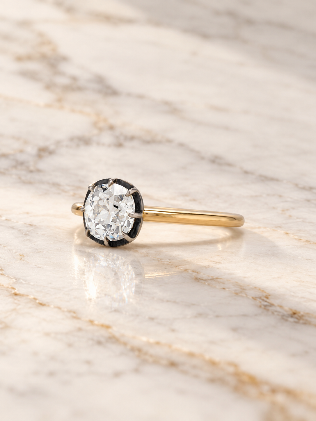 Old Mine Cushion Cut Diamond Engagement Ring Blackened Bezel 18K Yellow Gold IGI Certified