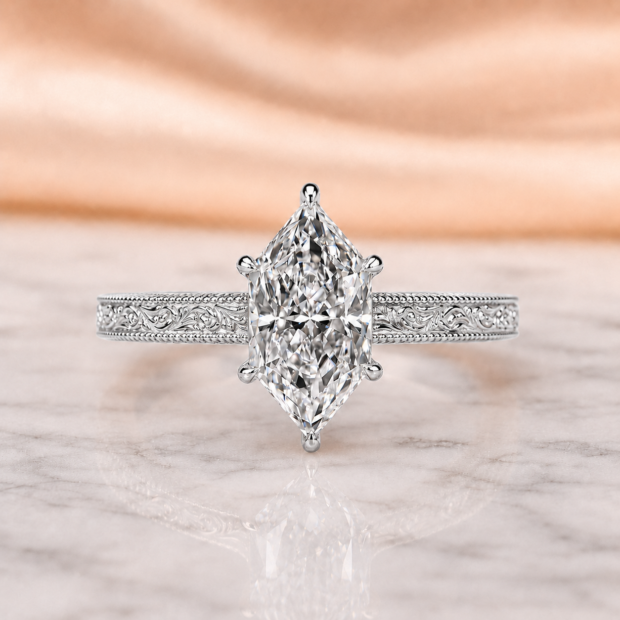 Dutch Marquise Lab Grown Diamond Engagement Ring Vintage Etched Solitaire 14K White Gold IGI Certified 3 Carat E VVS2 