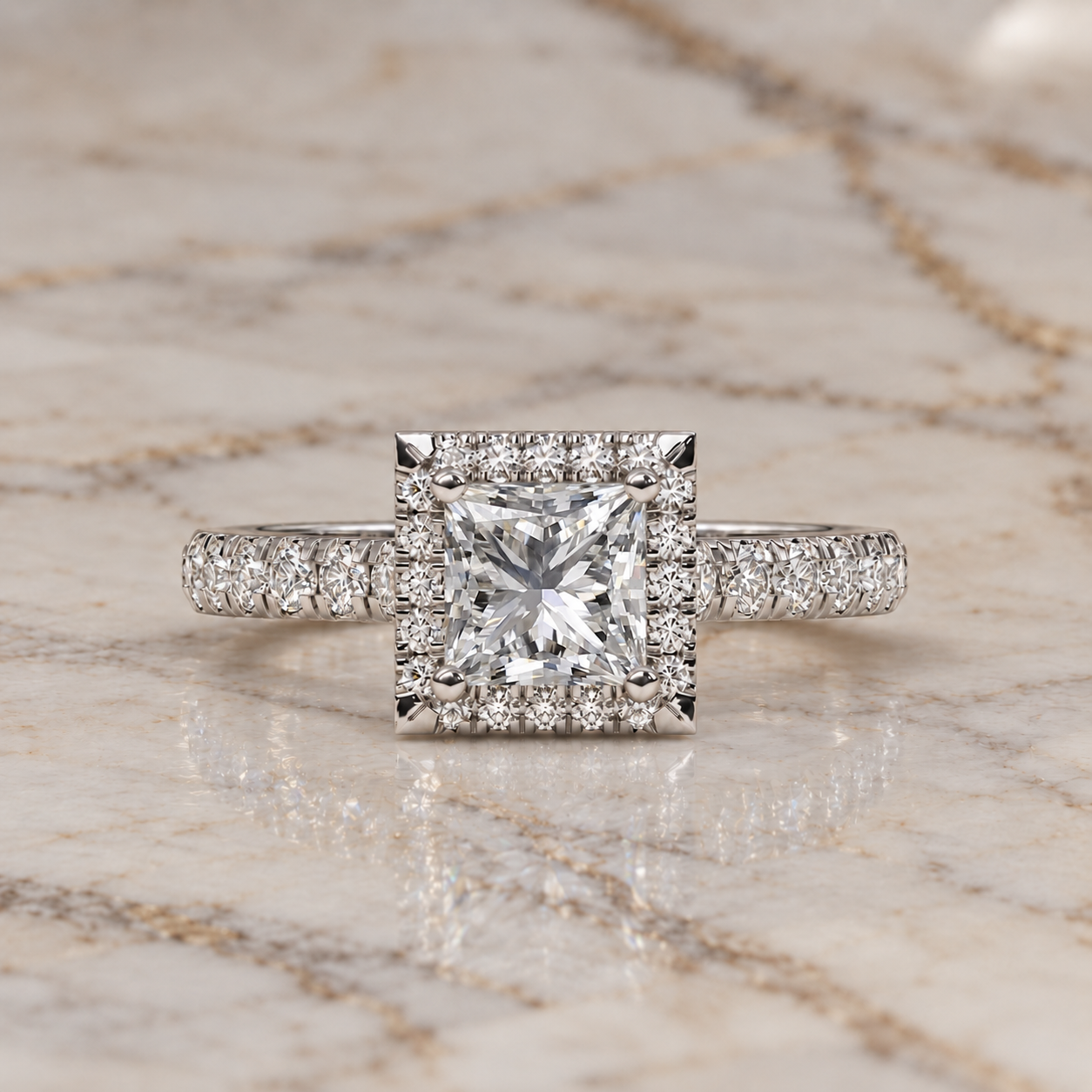 Princess Lab Grown Diamond Engagement Ring Cathedral Halo 14K White Gold Pave Band