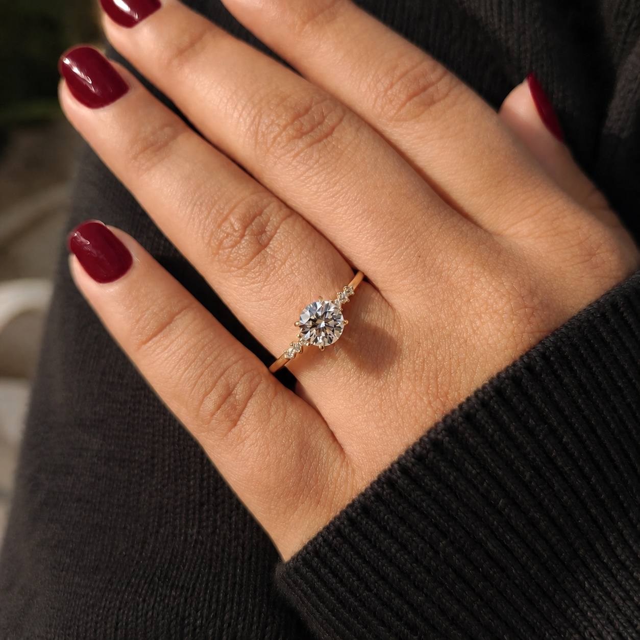 Round Lab Grown Diamond Engagement Ring Seven Stone 14K Yellow Gold IGI Certified 1 Carat